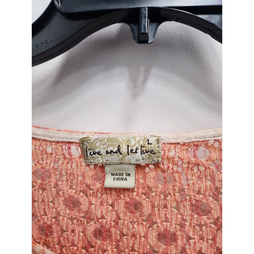 Live & Let Live Women BOHO Top Size Large Coral Floral Lace Yoke Flutter Sleeve - Picture 3 of 9